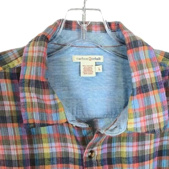 Mens Size Large Carbon2Cobalt Multicolor Cotton Linen Button Front Shirt - Picture 2 of 4